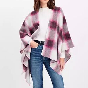LOFT Plaid Wrap Poncho - Pink, White & Grey Buffalo Check - XS/S